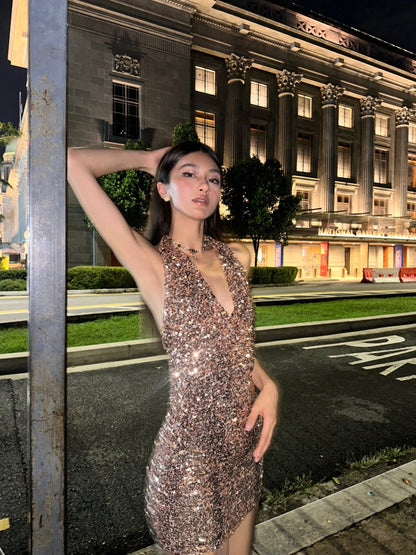 Halter Sheath Sequin Short Evening Gowns, Champagne Gorgeous Homecoming Dress HZ1024