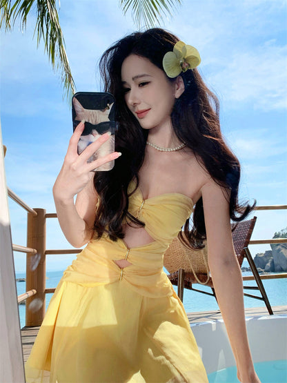 Chic Yellow A-Line Tulle Strapless Beach Holiday Short Dress ED03300