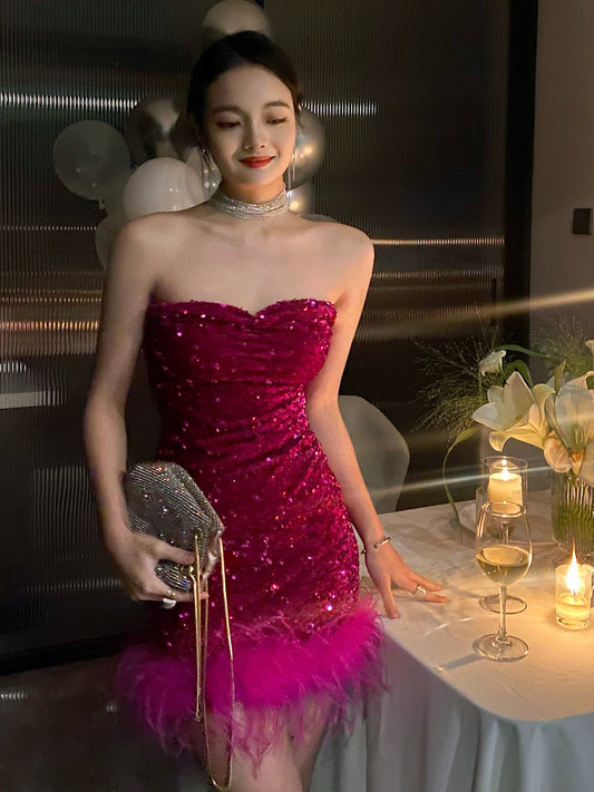 Elegant Strapless Bodycon Sequin Short Evening Gown, Sparkling Rose Red Homecoming Dress ED03307
