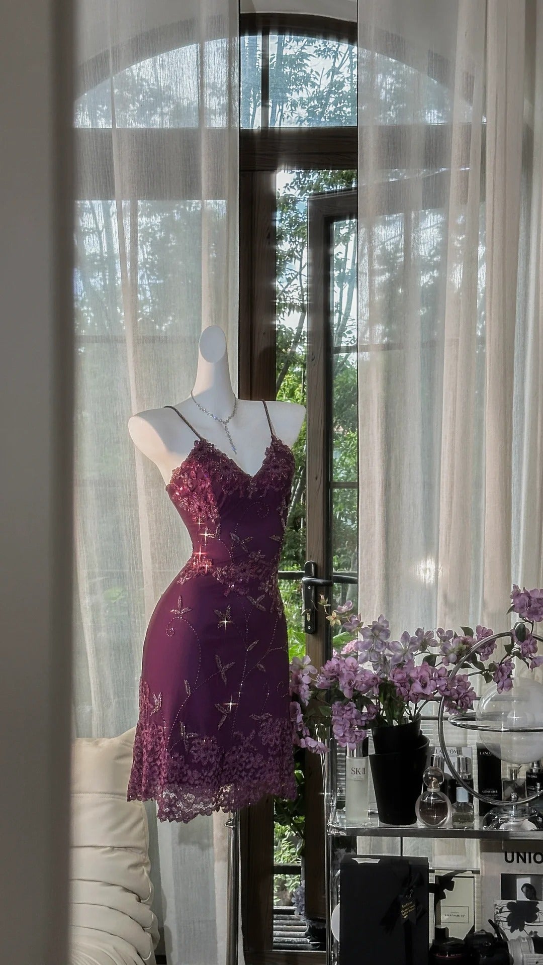 Vintage Grape Purple Sheath Spaghetti Strap Chiffon Short Prom Dresses with Beading ED03311