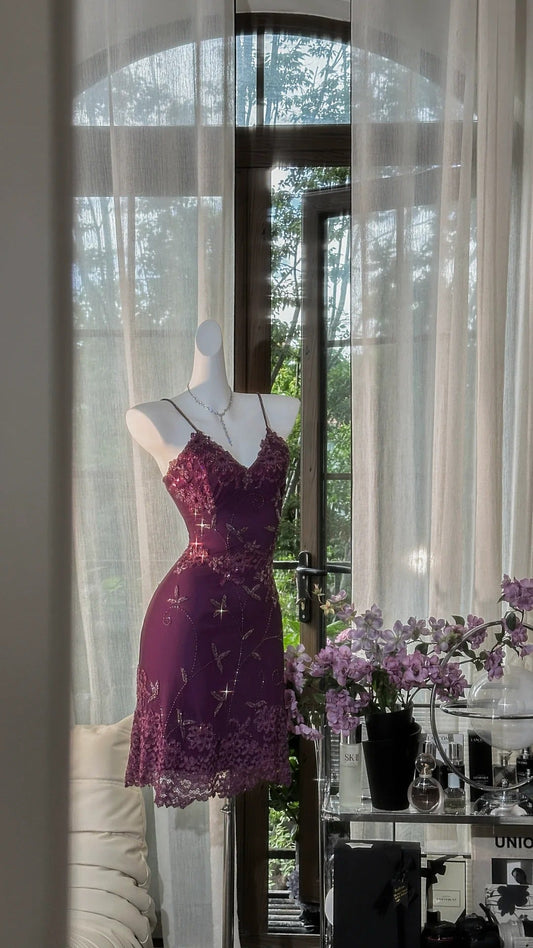 Vintage Grape Purple Sheath Spaghetti Strap Chiffon Short Prom Dresses with Beading ED03311
