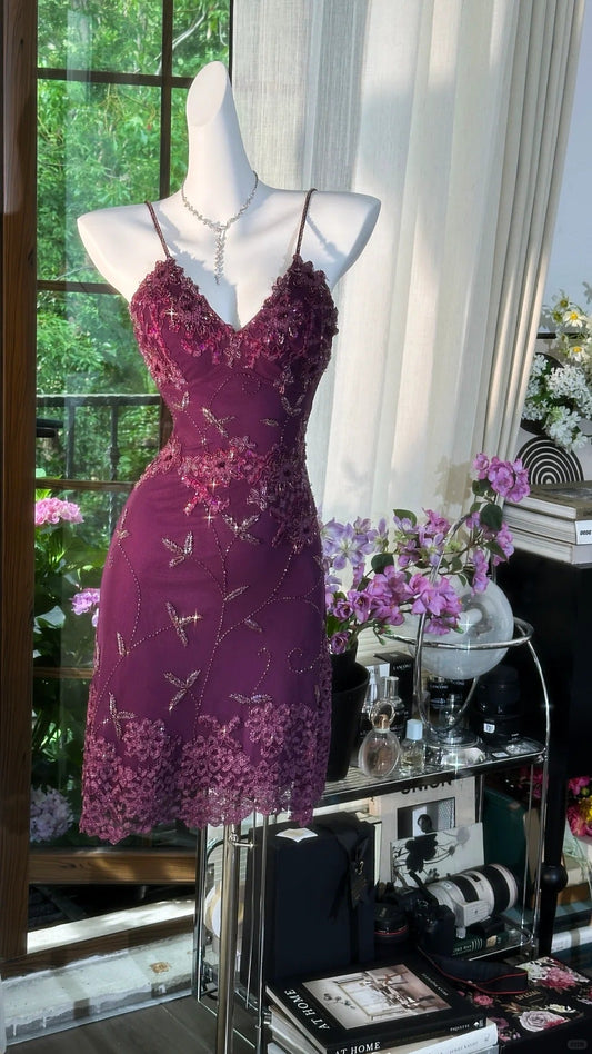 Vintage Grape Purple Sheath Spaghetti Strap Chiffon Short Prom Dresses with Beading ED03311