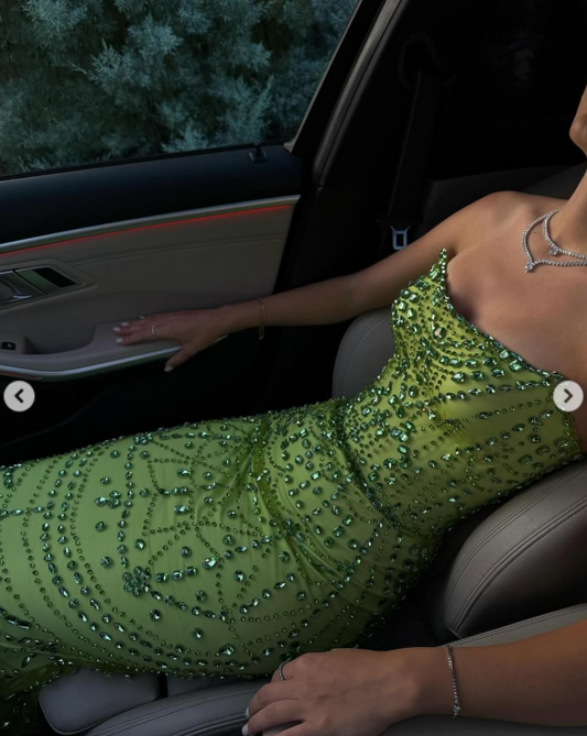 Green Sheath Strapless Satin Long Prom Dresses, Rhinestone Formal Evening Dresses HZ1024