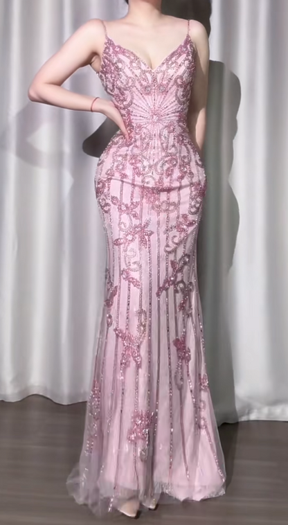 Vintage Pink Spaghetti Strap Mermaid Tulle Beaded Long Prom Dresses,Formal Evening Gowns ED03317