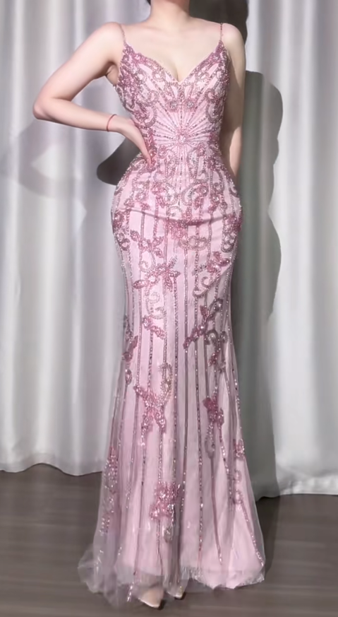 Vintage Pink Spaghetti Strap Mermaid Tulle Beaded Long Prom Dresses,Formal Evening Gowns ED03317