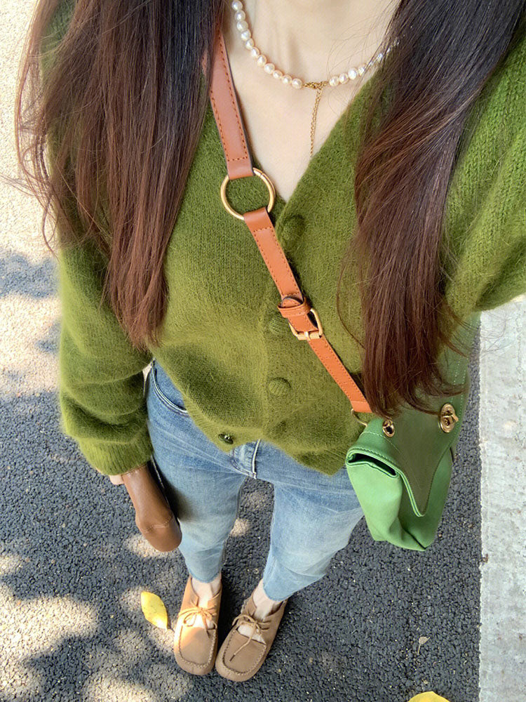 Avocado Green Retro Soft V-Neck Knitted Cardigan ED0331