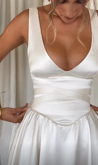 V-neck A-Line Satin Short Party Dress Simple White Homecoming Dress HZ1024