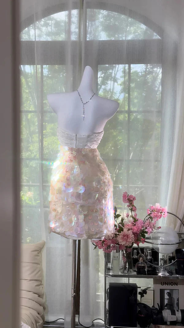 Dreamy Sequin Sheath Sweetheart Neck Layered Open Back Homecoming Dress Cocktail Dress SH3769