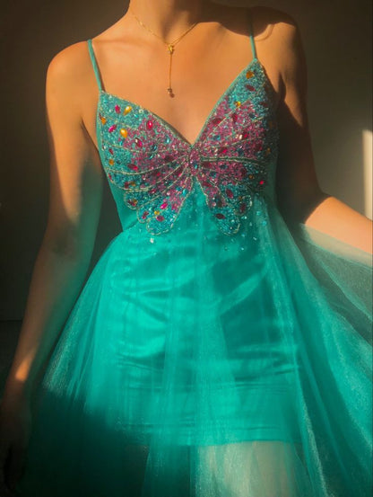 Spaghetti Strap A-Line Tulle Beading Short Prom Dresses Sweet Homecoming Dress HZ1024