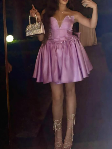 Pink V-neck A-Line Satin Short Prom Dresses, Fashion Homecoming Dress HZ1024