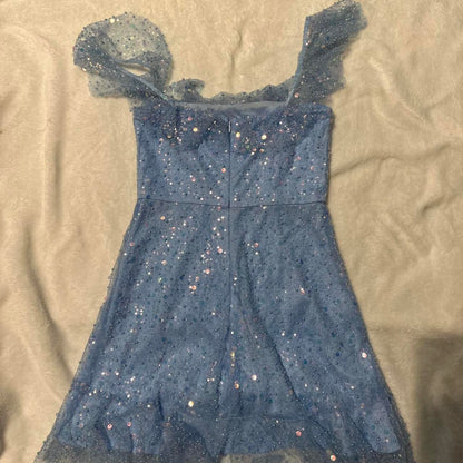 Sky Blue Square Neck Sheath Tulle Beaded Short Homecoming Dresses HZ1024