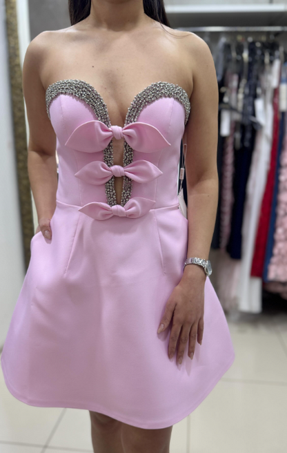 Pink Strapless A-Line Satin Beaded Short Homecoming Dress, Sweet 16 Dress HZ1024
