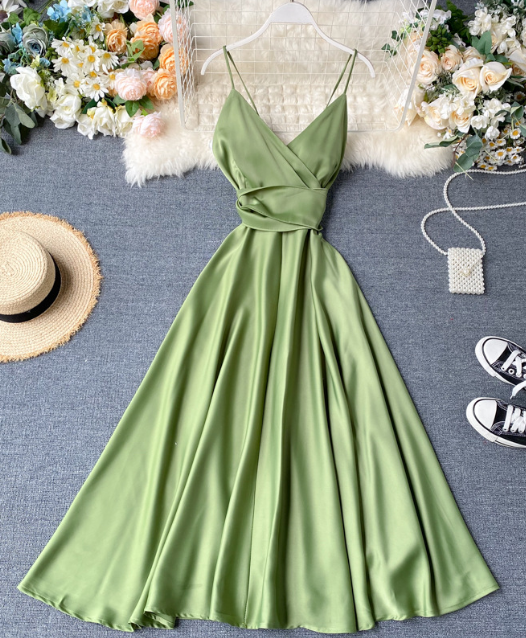 V-neck Green Formal Dresses Backless High Waist Party Dresses ED0333