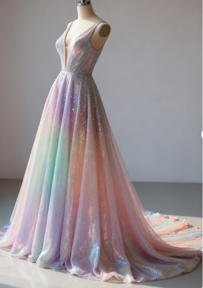 Glamour Colorful V-neck A-Line Quinceañera Dress Glitter Tulle Long Prom Dresses, Sweet 16th Birthday Dress ED03340
