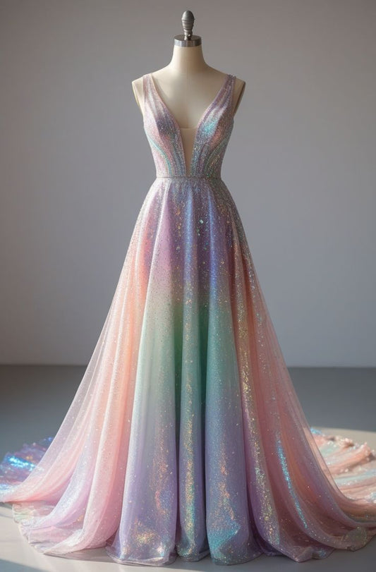 Colorful V-neck A-Line Quincea?era Dress Glitter Tulle Long Prom Dresses, Sweet 16th Birthday Dress HZ1024