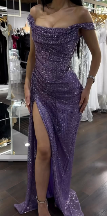 Purple Sheath Off Shoulder Glitter Long Prom Dresses, Formal Evening Dresses with Slits HZ1024