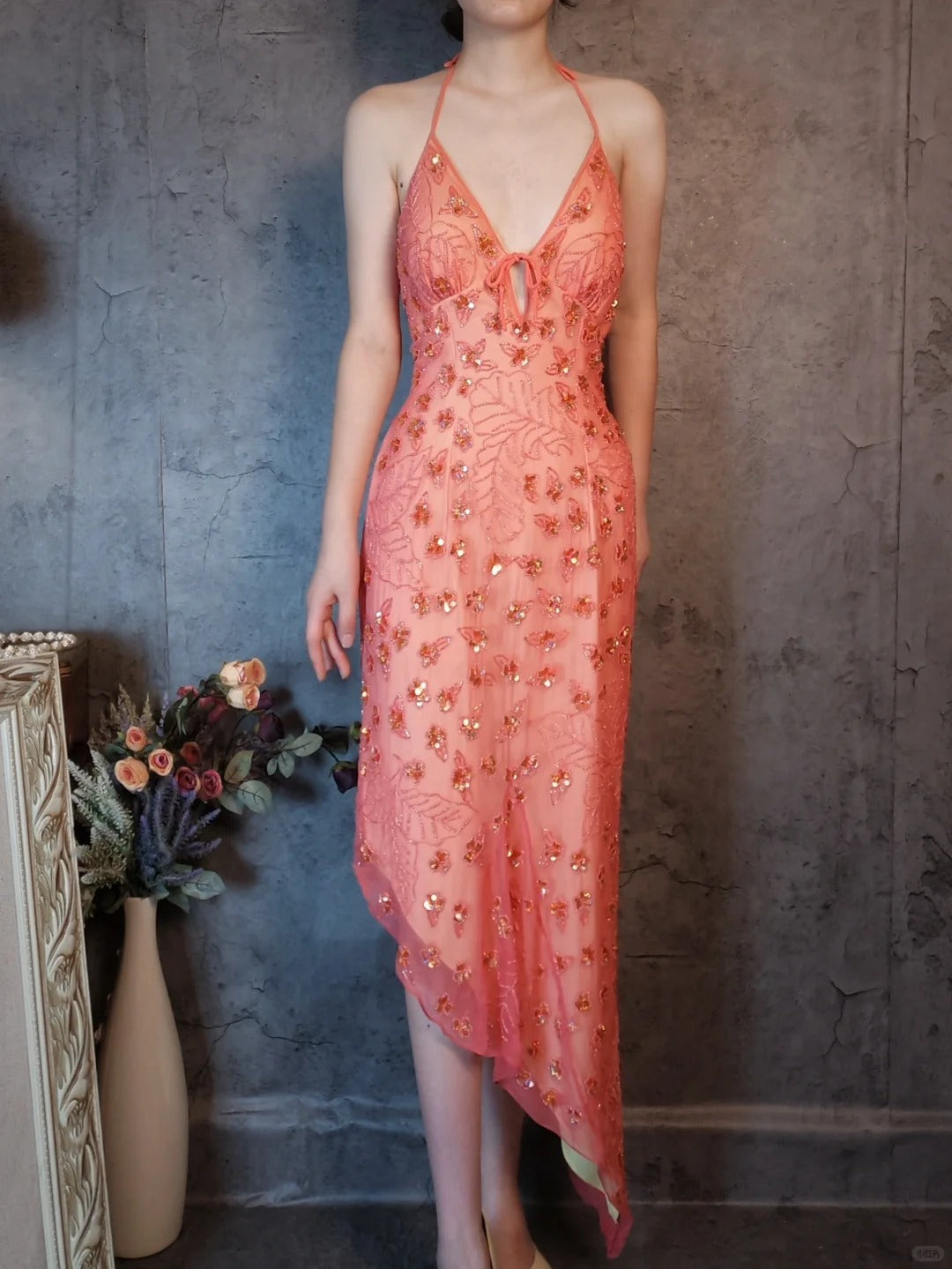 Vintage Dark Peach Sheath Chiffon Beaded Prom Dresses, V-Neck Glamour Evening Gowns ED03353
