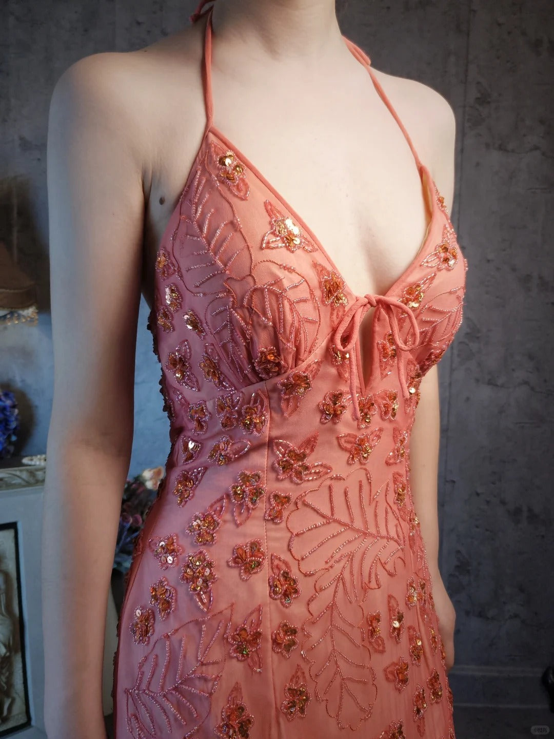 Vintage Dark Peach Sheath Chiffon Beaded Prom Dresses, V-Neck Glamour Evening Gowns ED03353