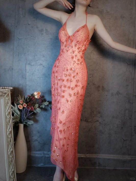 Dark Peach Sheath Chiffon Beaded Prom Dresses, V-Neck Glamour Evening Gowns HZ1024