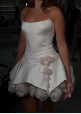 White A-Line Satin Short Prom Dresses, Strapless 3D Applique Homecoming Dress HZ1024