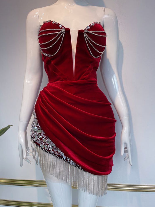 Chic Burgundy Bodycon Velvet Beaded Short Prom Dresses, Sweetheart Elegant Homecoming Dress with Tassels ED03363