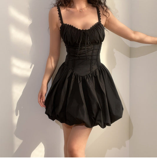 Black Spaghetti Strap A-Line Lace Short Outdoor Party Dress, Summer Fashion Outfit HZ1024