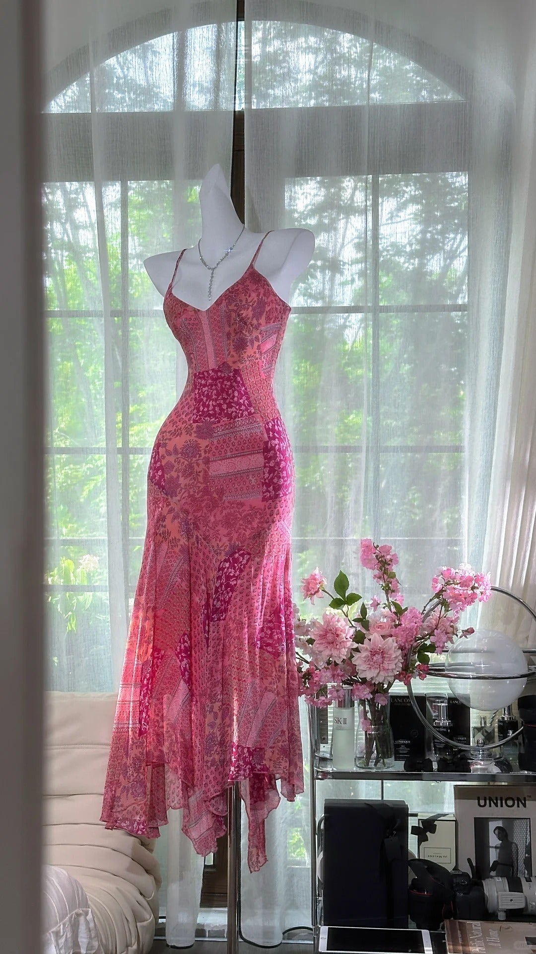 Pink Sheath Printed Chiffon Short Prom Dresses, Spaghetti Strap Evening Dress HZ1024