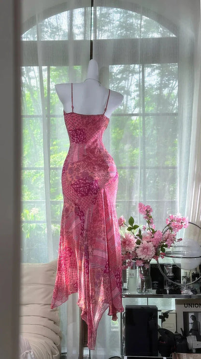 Pink Print Floral Mermaid Spaghetti Straps Chiffon Prom Dress Evening Dress SH3782