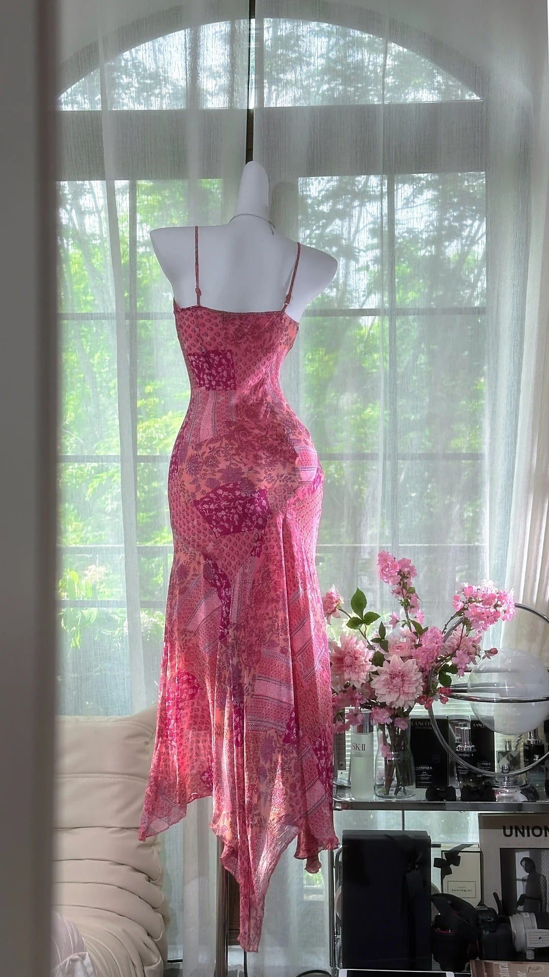 Chic Pink Sheath Printed Chiffon Short Prom Dresses, Spaghetti Strap Evening Dress ED03371