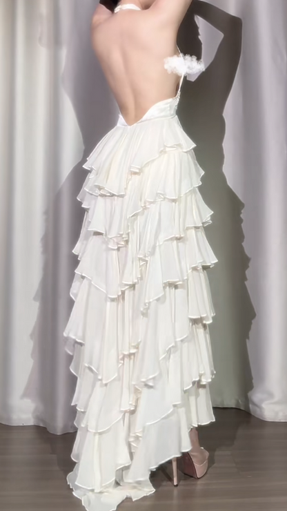Classic Off-White Halter Neck A-Line Layered Chiffon Long Prom Dresses, Elegant Backless Evening Gowns ED03372
