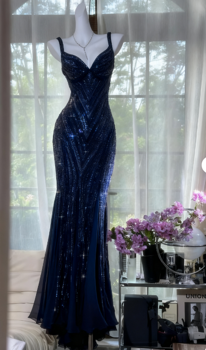 Glamour Dark Purple Guest Dresses V-Neck Mermaid Beaded Chiffon Long Stunning Prom Dresses, Formal Evening Dresses ED03375