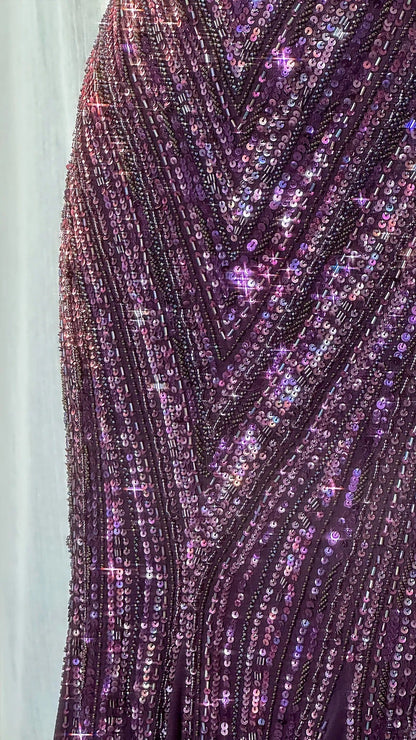 Glamour Dark Purple Guest Dresses V-Neck Mermaid Beaded Chiffon Long Stunning Prom Dresses, Formal Evening Dresses ED03375