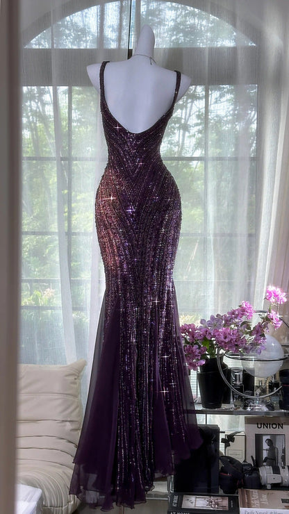 Glamour Dark Purple Guest Dresses V-Neck Mermaid Beaded Chiffon Long Stunning Prom Dresses, Formal Evening Dresses ED03375