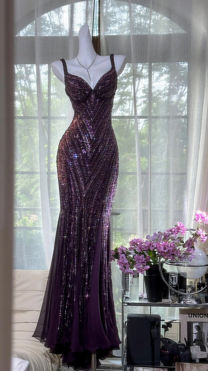 Glamour Dark Purple Guest Dresses V-Neck Mermaid Beaded Chiffon Long Stunning Prom Dresses, Formal Evening Dresses ED03375