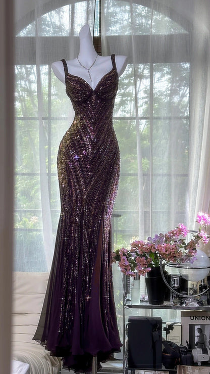 Glamour Dark Purple Guest Dresses V-Neck Mermaid Beaded Chiffon Long Stunning Prom Dresses, Formal Evening Dresses ED03375
