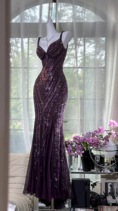 Glamour Dark Purple Guest Dresses V-Neck Mermaid Beaded Chiffon Long Stunning Prom Dresses, Formal Evening Dresses ED03375