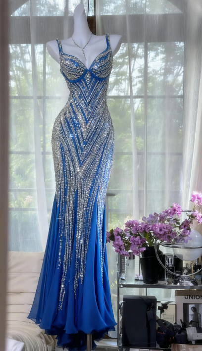 Glamour Dark Purple Guest Dresses V-Neck Mermaid Beaded Chiffon Long Stunning Prom Dresses, Formal Evening Dresses ED03375