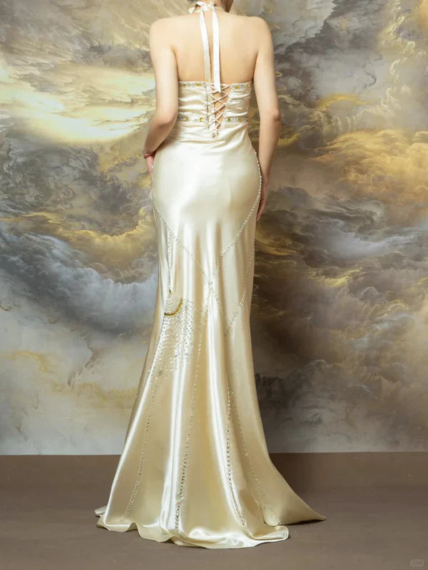 Light Champagne Mermaid Halter Beaded Satin Open Back Prom Dress Party Dress SH3803
