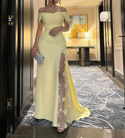 Butter Yellow Off-shoulder Sheath Chiffon Beaded Long Prom Dresses, Formal Elegant Evening Gowns HZ1024