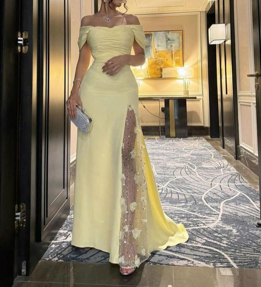 Butter Yellow Off-shoulder Sheath Chiffon Beaded Long Prom Dresses, Formal Elegant Evening Gowns HZ1024