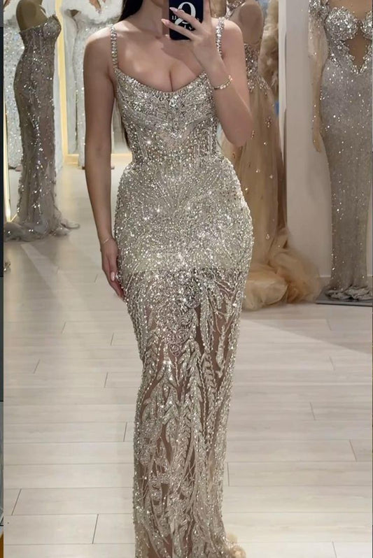Stunning Champagne Gold Sheath Tulle Sequin Beading Long Prom Dresses, Spaghetti Strap Formal Evening Gowns ED03382