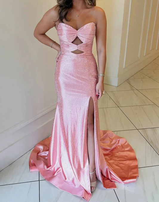 Glamour Strapless Sheath Glitter Satin Long Formal Evening Gowns with Slits ED03383