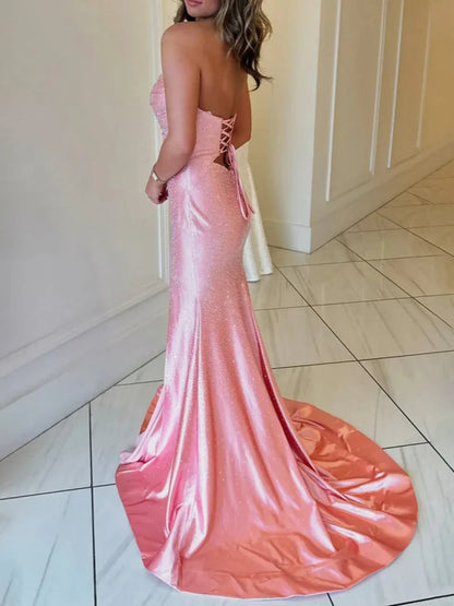 Glamour Strapless Sheath Glitter Satin Long Formal Evening Gowns with Slits ED03383