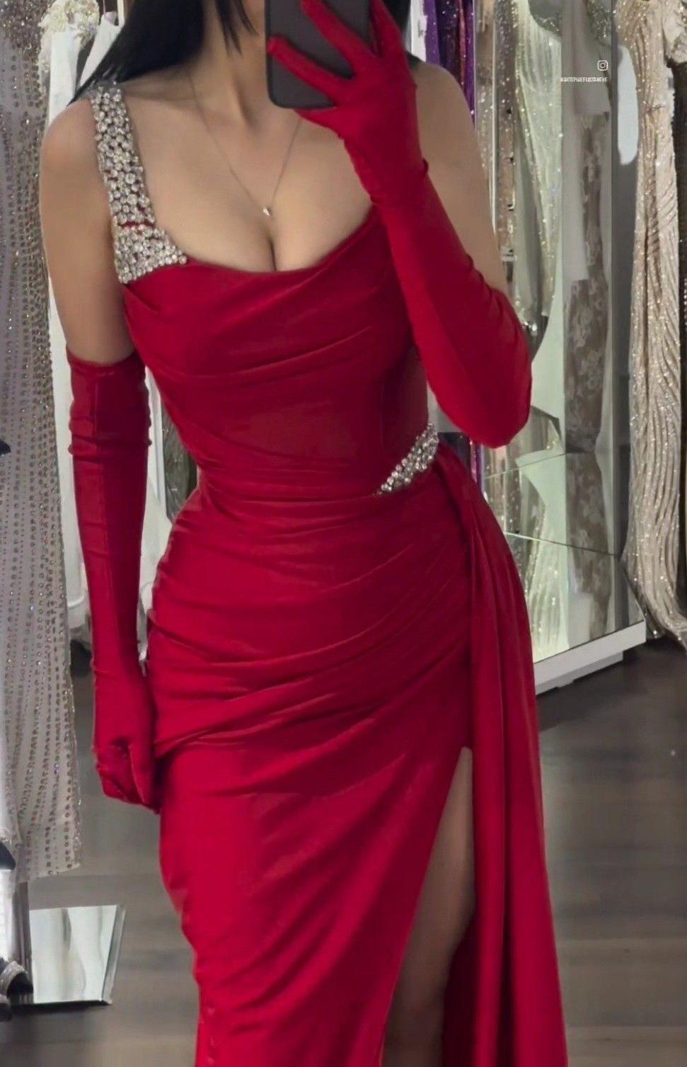 Burgundy Spaghetti Strap Sheath Satin Long Prom Dresses, Formal Evening Gowns with Slits HZ1024