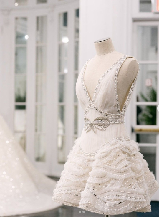 White V-neck A-Line Beaded Tulle Short Wedding Dress, Sweet Birthday Dress HZ1024