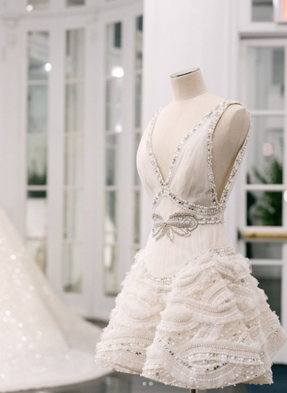 White V-neck A-Line Beaded Tulle Short Wedding Dress, Sweet Birthday Dress HZ1024