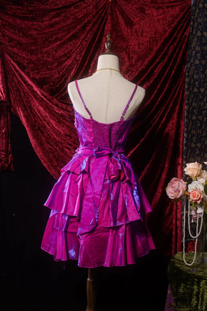 Elegant Grape Purple A-Line Spaghetti Strap Satin Short Prom Dresses, Vintage Party Dress ED03392