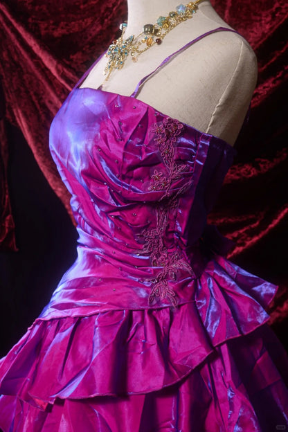 Elegant Grape Purple A-Line Spaghetti Strap Satin Short Prom Dresses, Vintage Party Dress ED03392