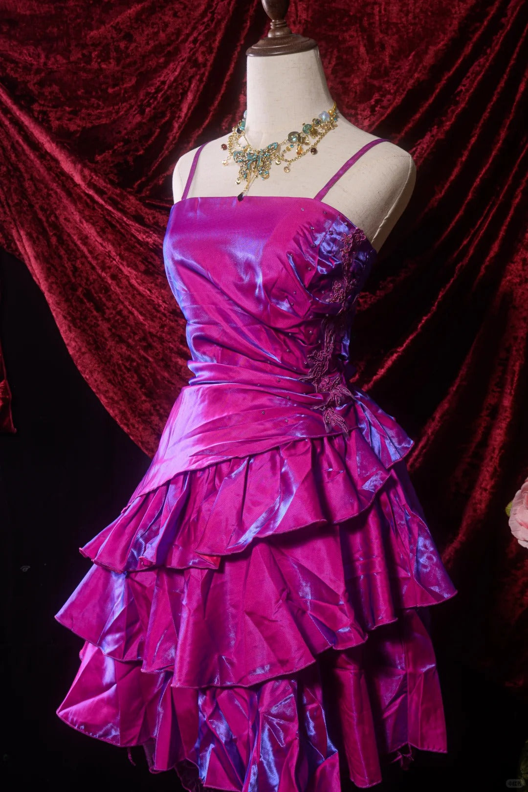 Elegant Grape Purple A-Line Spaghetti Strap Satin Short Prom Dresses, Vintage Party Dress ED03392