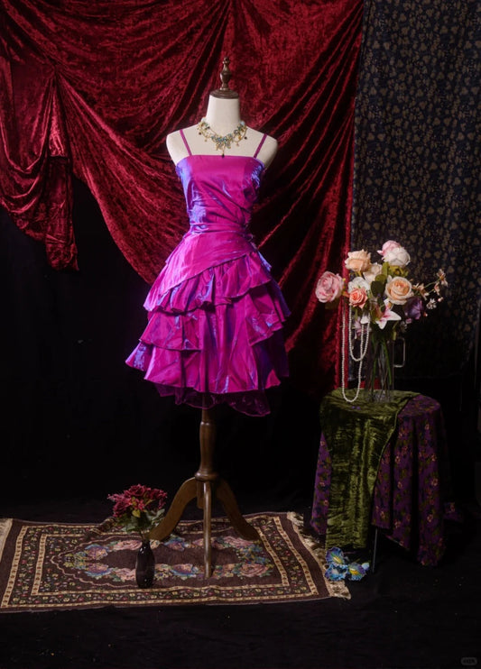 Elegant Grape Purple A-Line Spaghetti Strap Satin Short Prom Dresses, Vintage Party Dress ED03392